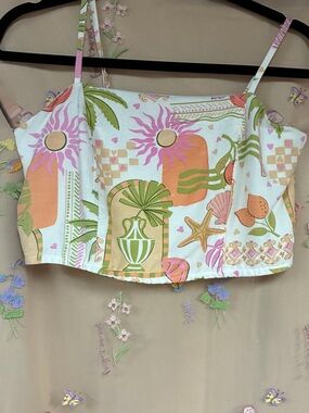 Midnight Sky Tropical Coastal Linen Blend Crop Top Size L